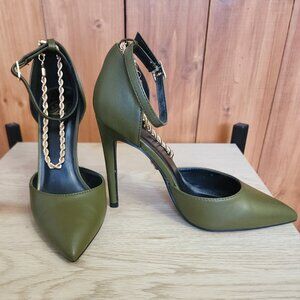 Heart In D Olive Green Stiletto Heels with Gold Chain Detail - Size 7